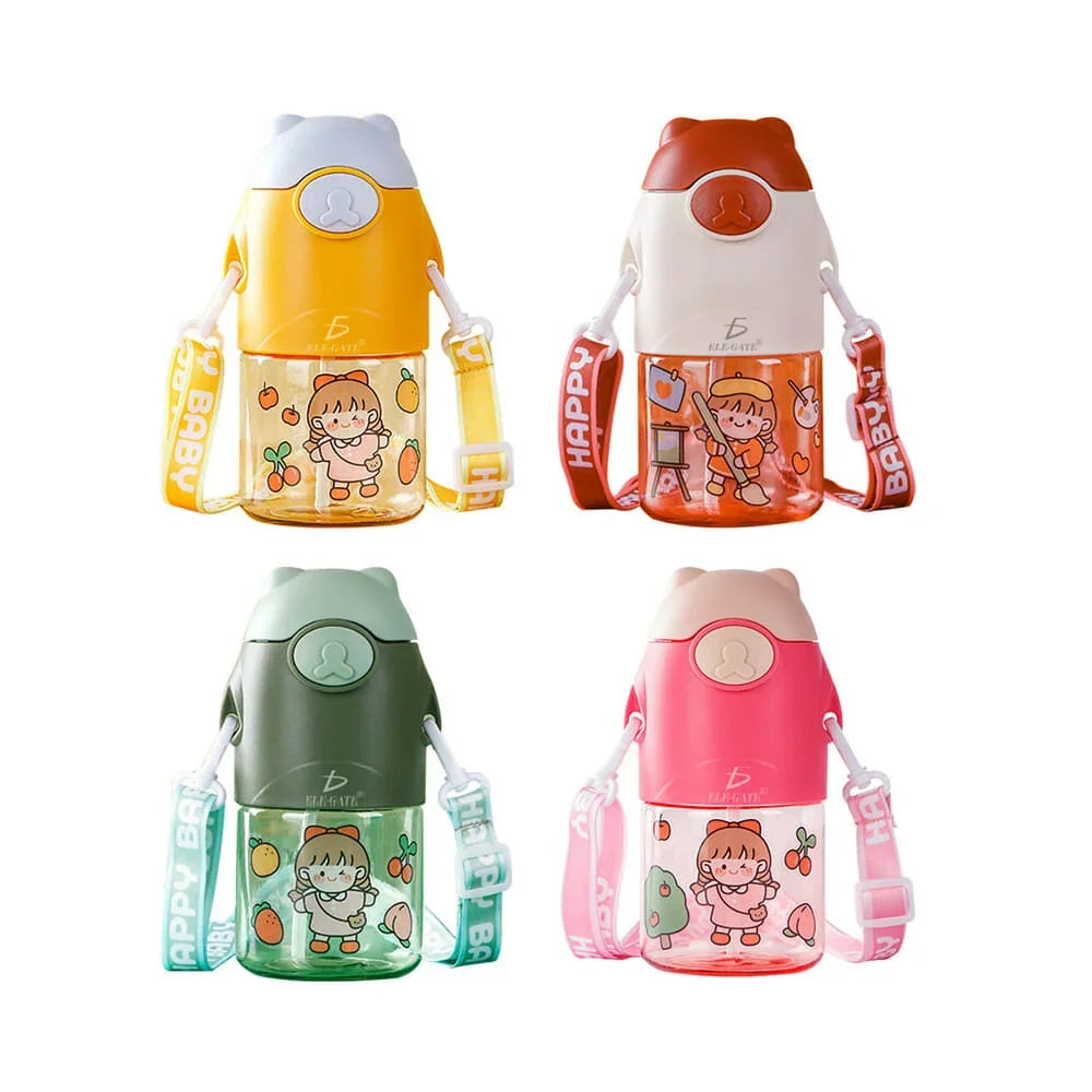 [GDL] Children's animated character bottle, with bear design on the lid, strap and spill-proof lock, variety of colors