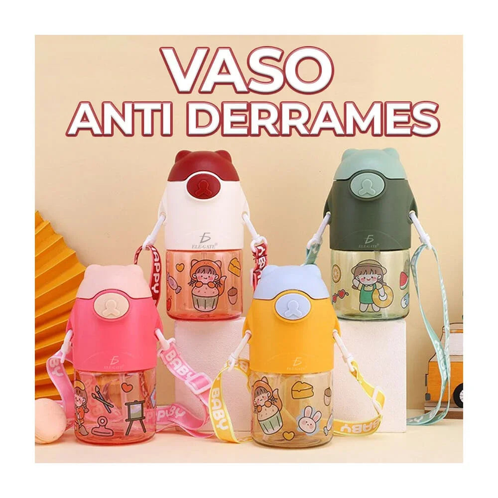[GDL] Children's animated character bottle, with bear design on the lid, strap and spill-proof lock, variety of colors