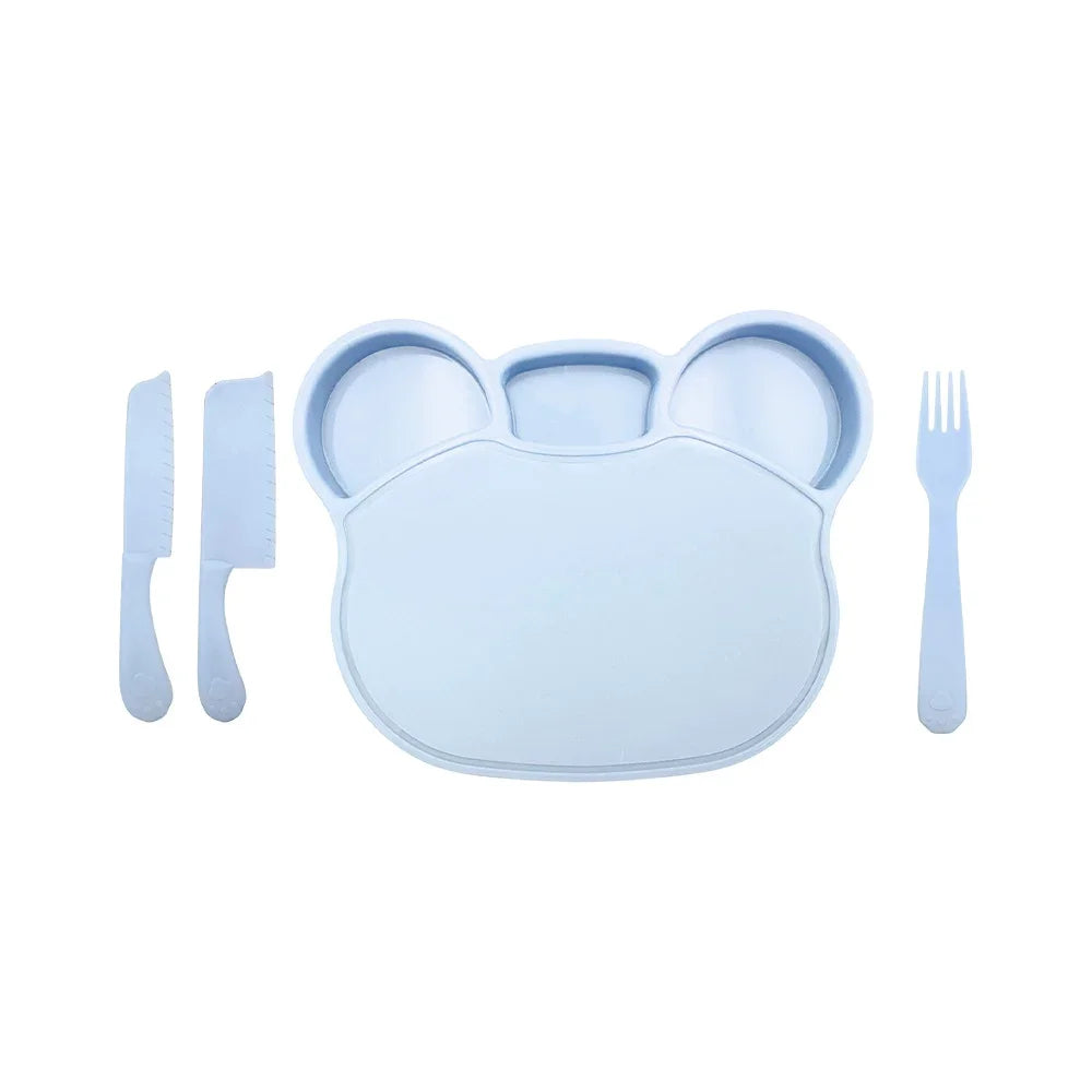 [GDL] Children's plastic bear-shaped flat plate with plastic fork and knives, variety of colors / kitchen