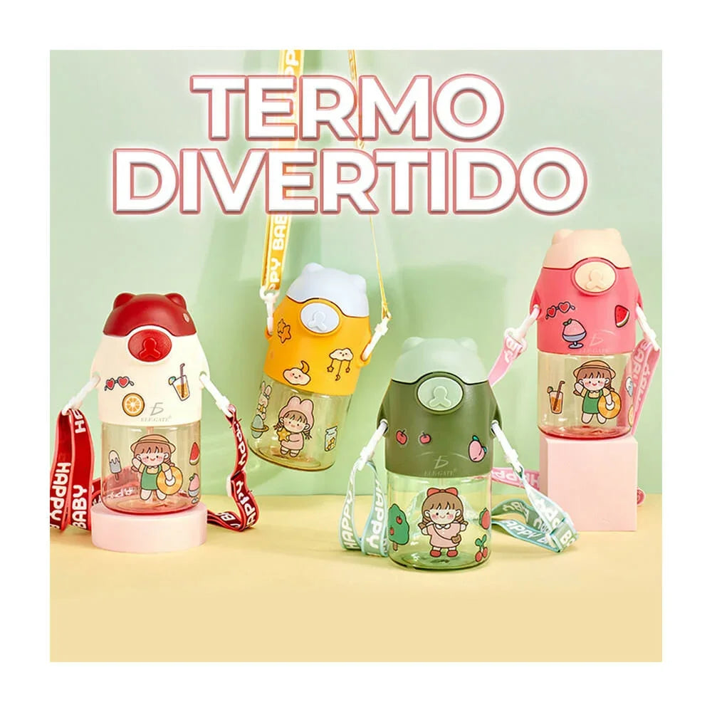 [GDL] Children's animated character bottle, with bear design on the lid, strap and spill-proof lock, variety of colors