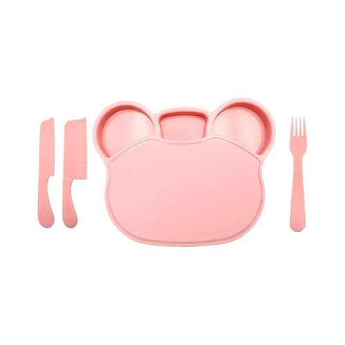 "ACCESSORY" Children's plastic bear-shaped flat plate with plastic fork and knives, various colors / kitchen; [GDL] Children's plastic bear-shaped flat plate with plastic fork and knives,