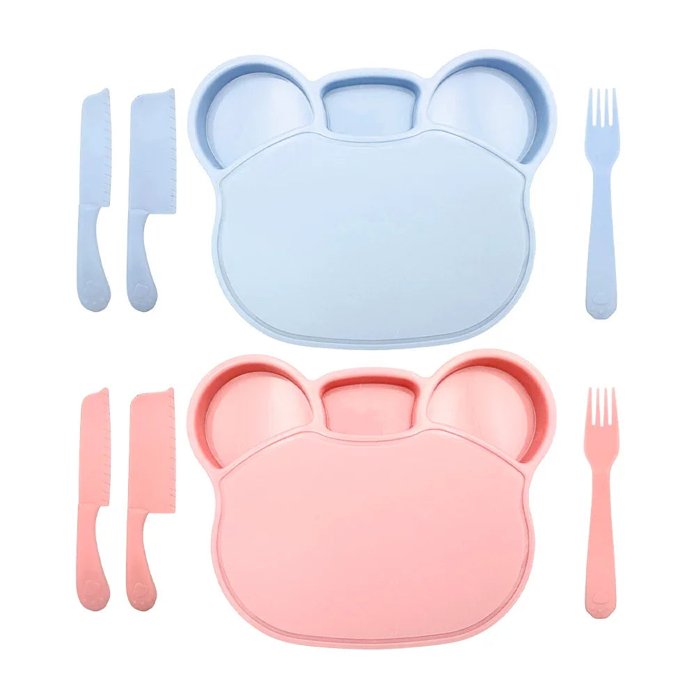 [GDL] Children's plastic bear-shaped flat plate with plastic fork and knives, variety of colors / kitchen