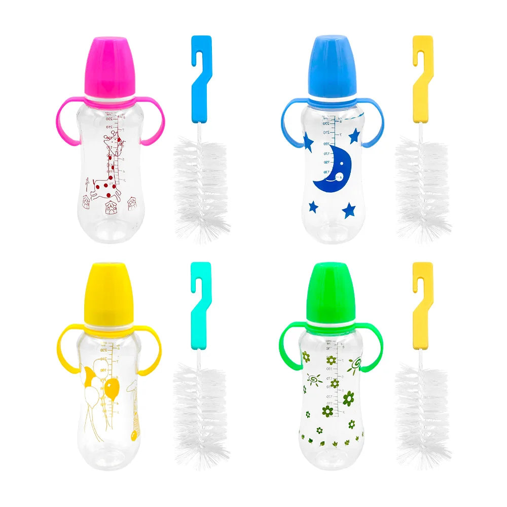 [GDL] 250ml Plastic Baby Bottle with Plastic Bristle Brush Free Sample Variety of Colors and Prints Water Flowing Method Nipple