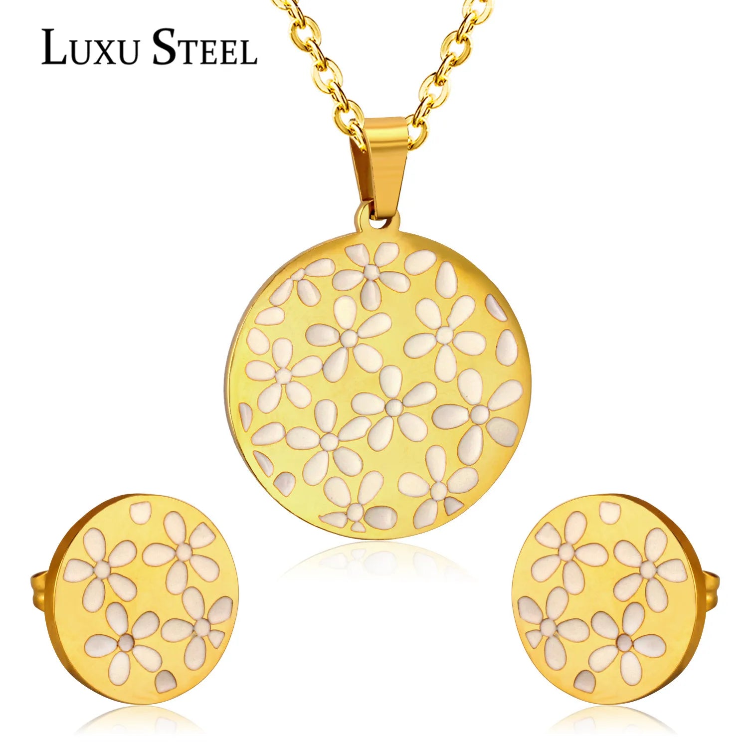 "JEWELRY" Gold-tone flower and shell pendant necklace and earring set; necklace and earring set, golden color flower shell pendant necklace and earrings, Brinco Jewelry, Valentine's Day Wholesale