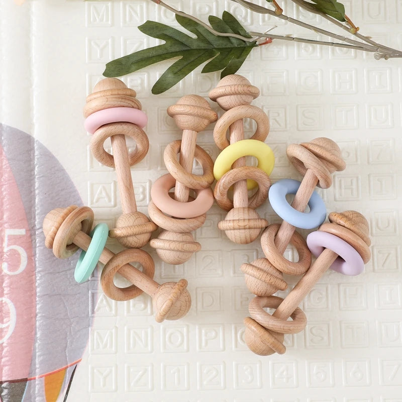 "JOUET" Jouet pour bébé hochet en bois anneaux de dentition en Silicone pour bébé 0 à 12 mois