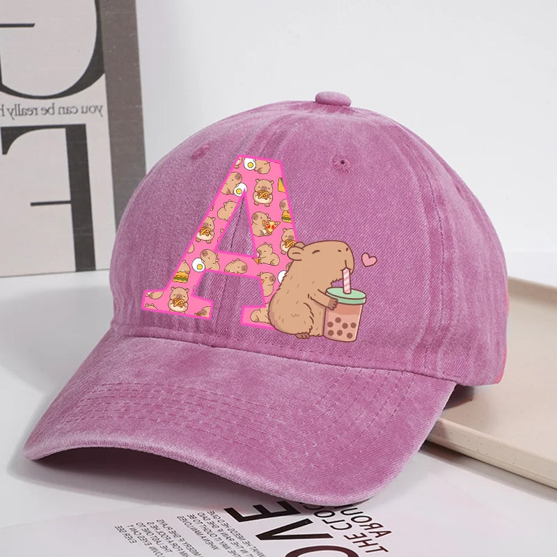 Capibara Baseball Cap for Women New Cute Capybara Letter A-Z Sun Hat Outdoor Sport Travel Sunbonnet Adult Fashion Headgear Gift