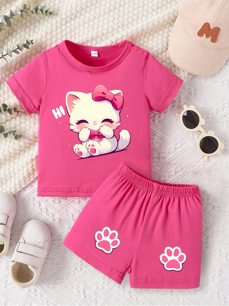 Baby girl cute cat pattern short sleeved top+casual shorts set suitable for outdoor sports