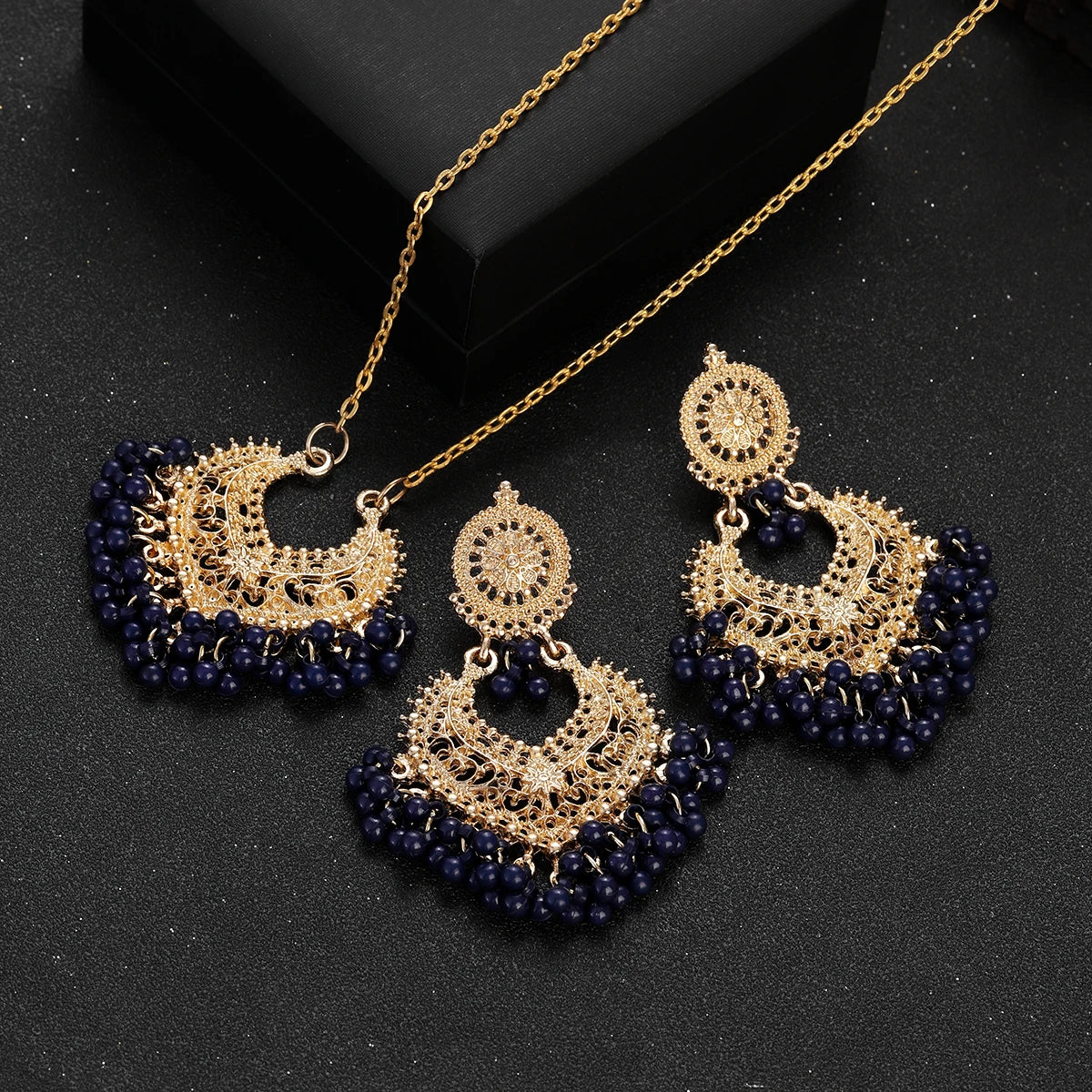 "BIJOUX" Parure de bijoux, style rétro, plaquée or, avec perles, boucles d'oreilles et collier
