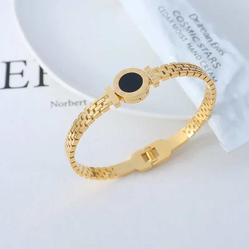 "JEWELRY" Gold-plated surgical steel bangle bracelet for women; Woman Jewelry Gold Plated Surgical Steel Back To Rome Love Letter Bracelet