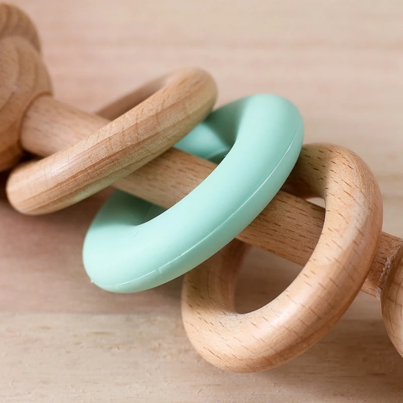 "JOUET" Jouet pour bébé hochet en bois anneaux de dentition en Silicone pour bébé 0 à 12 mois