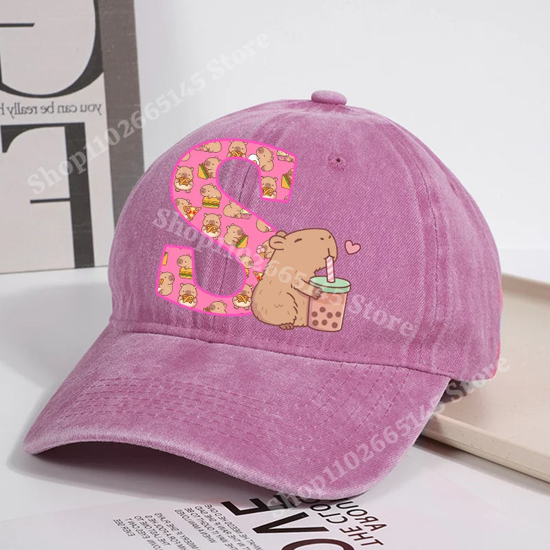 Capibara Baseball Cap for Women New Cute Capybara Letter A-Z Sun Hat Outdoor Sport Travel Sunbonnet Adult Fashion Headgear Gift