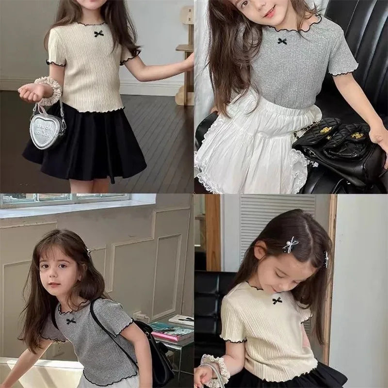 "VETEMENTS" T-shirts pour filles de 1 à 12 ans, en maille, ornés de dentelle, manches courtes, tendance et respirants