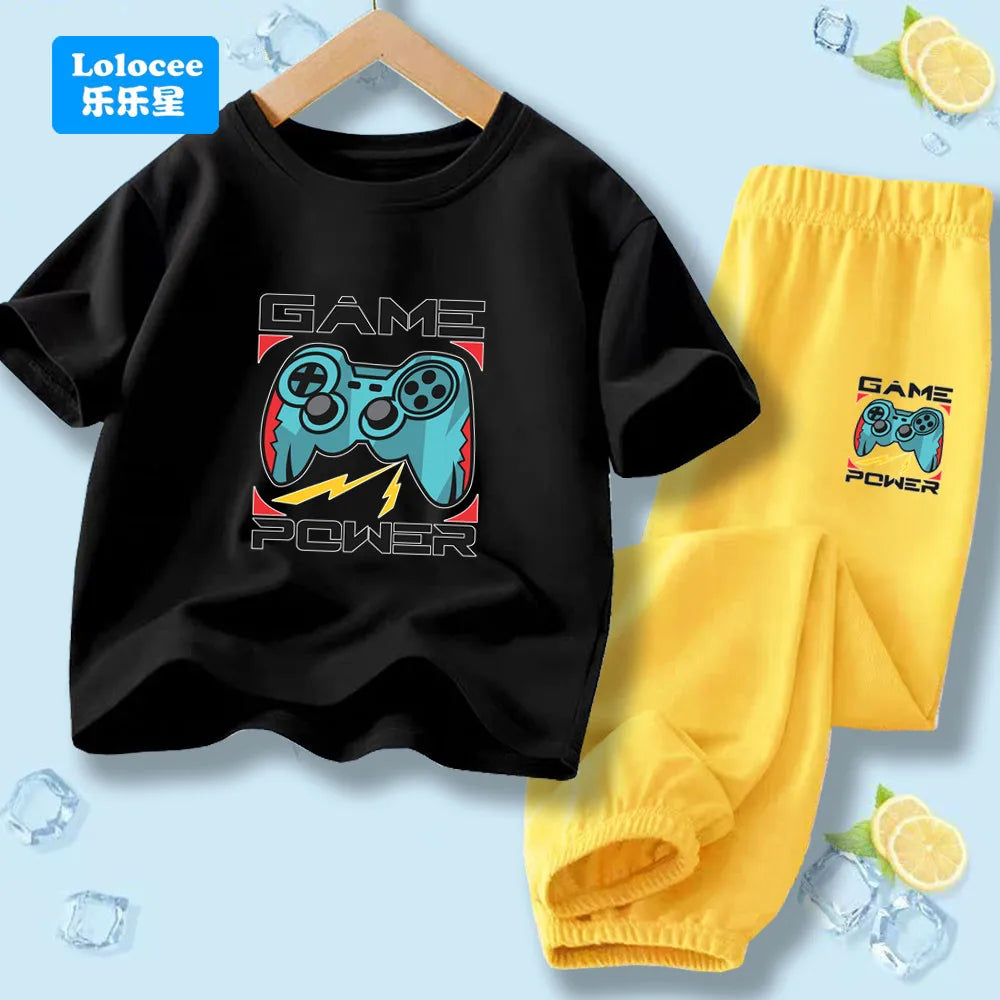 "VETEMENTS" Ensemble 2 pièces pour enfants style gamer "manette de jeu" : t-shirt à manches courtes et pantalon