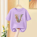 Girls T-Shirt 26 English Letter A B C D Children Fashion Flower T Shirt Kids  Custom Name Letter Summer Purple Clothes