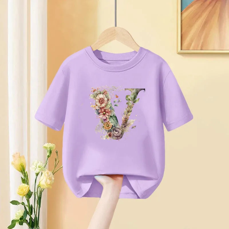 Girls T-Shirt 26 English Letter A B C D Children Fashion Flower T Shirt Kids  Custom Name Letter Summer Purple Clothes