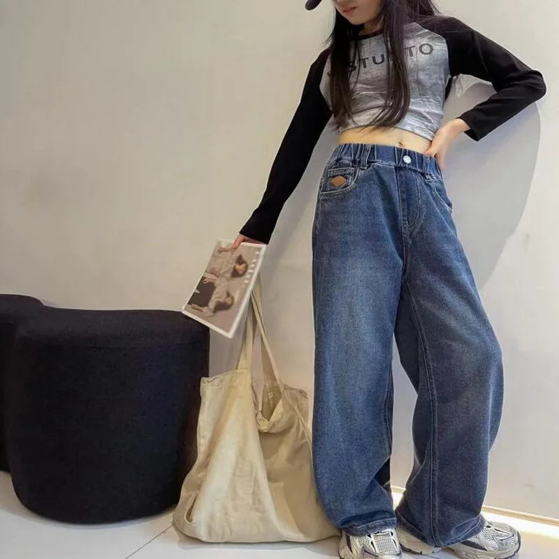 "VETEMENTS" Jeans pour filles, style tendance décontracté, amples, tailles 3-14 ans.
