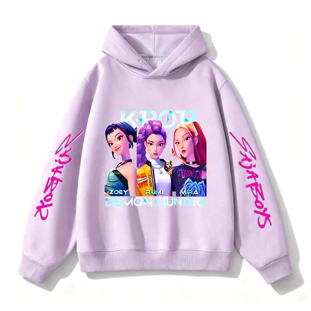 Purple Hooded Tops Fashion Casual Clothes Kids New Design Hoodies Kpop Demon Hunters Girls Group Clothing Toddler Autumn Wear