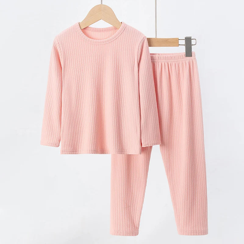 2-Piece Autumn/Winter Children's 5-color Pit Stripe Thermal Underwear Set Boys' Versatile Home Clothes Girls' Sweet Sleepwear