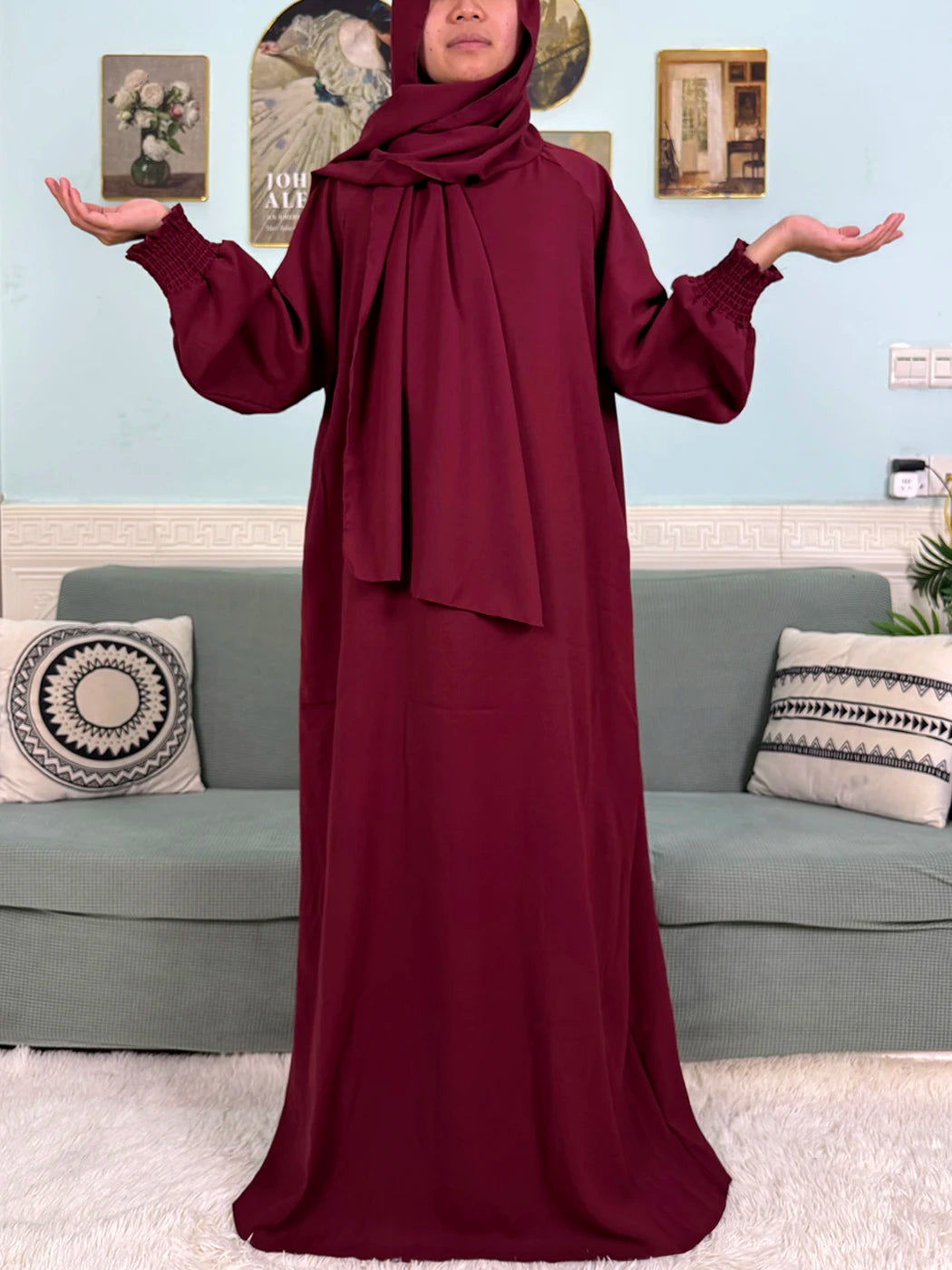 "SPECIAL RAMADAN" Muslim Abaya Ramadan 2026 for Women, Loose-Fitting Prayer Dress in Pure Cotton; Muslim Abaya Ramadan 2026 For Women Pure Cotton Loose Prayer Dress with Elastic Cuffs, African Dress with Connected Hijabs and Scarf