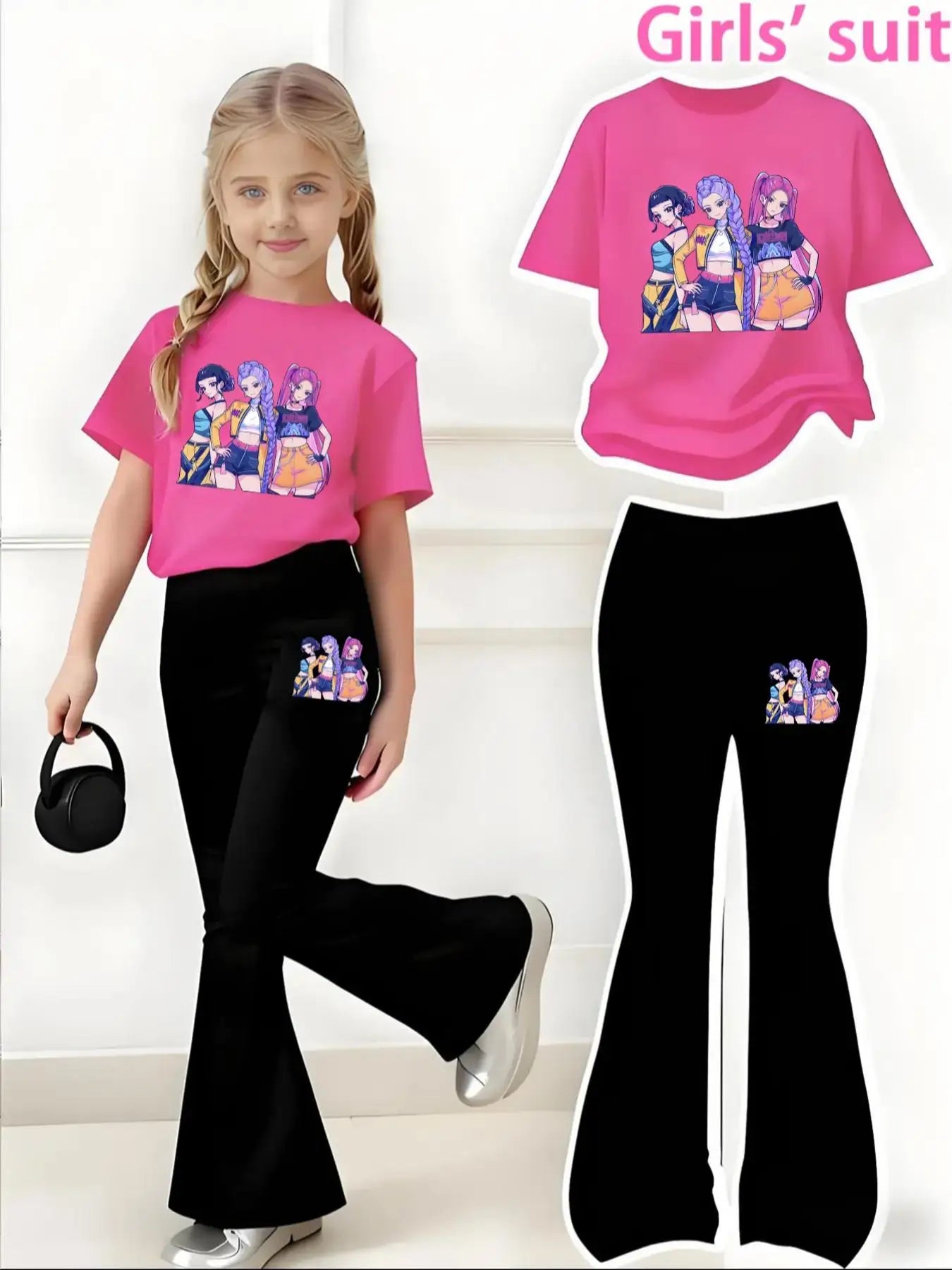 "VETEMENTS" Ensemble pour filles, T-shirt à manches courtes + Pantalon pattes d'éléphants 4 à 12 ans