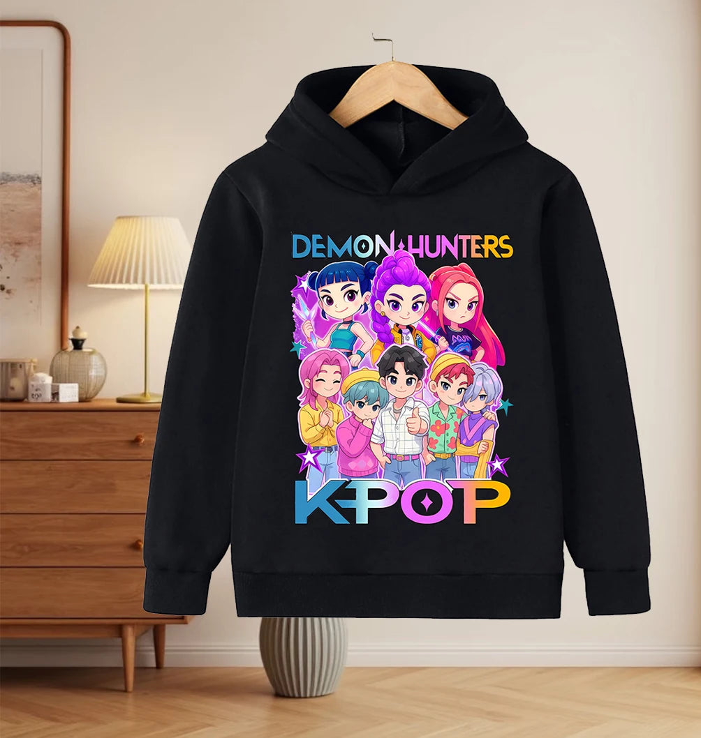 2025 KPop Demon Hunter Cartoon Printed Girls Boys Hoodie Sweaters Children Autumn/winter Warm Fashion Korean Wave Casual Hoodie