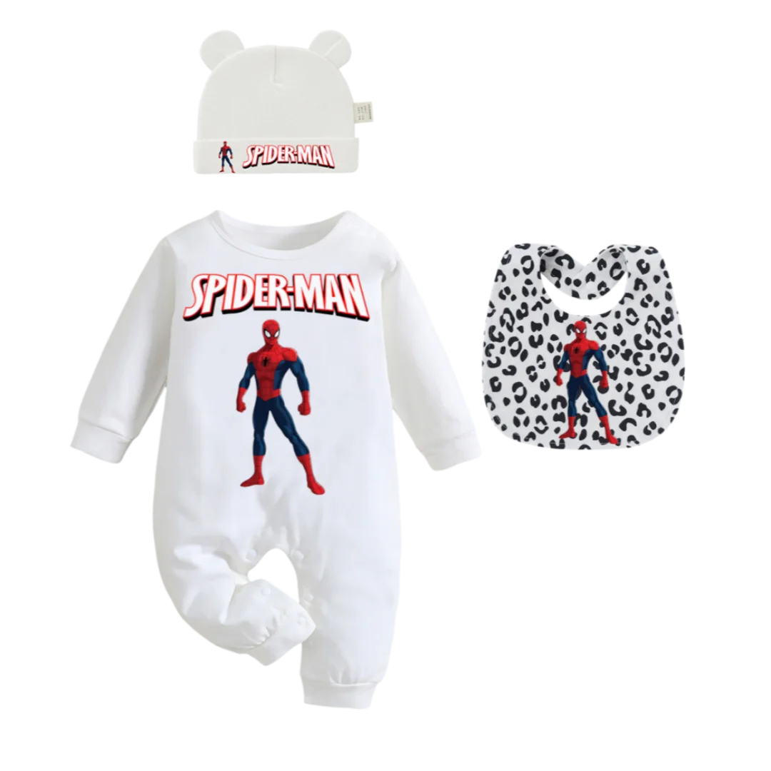 "COMBINAISON" 3 articles: Body imprimé pour bébé, bonnets et bavoirs, pour garçon et fille