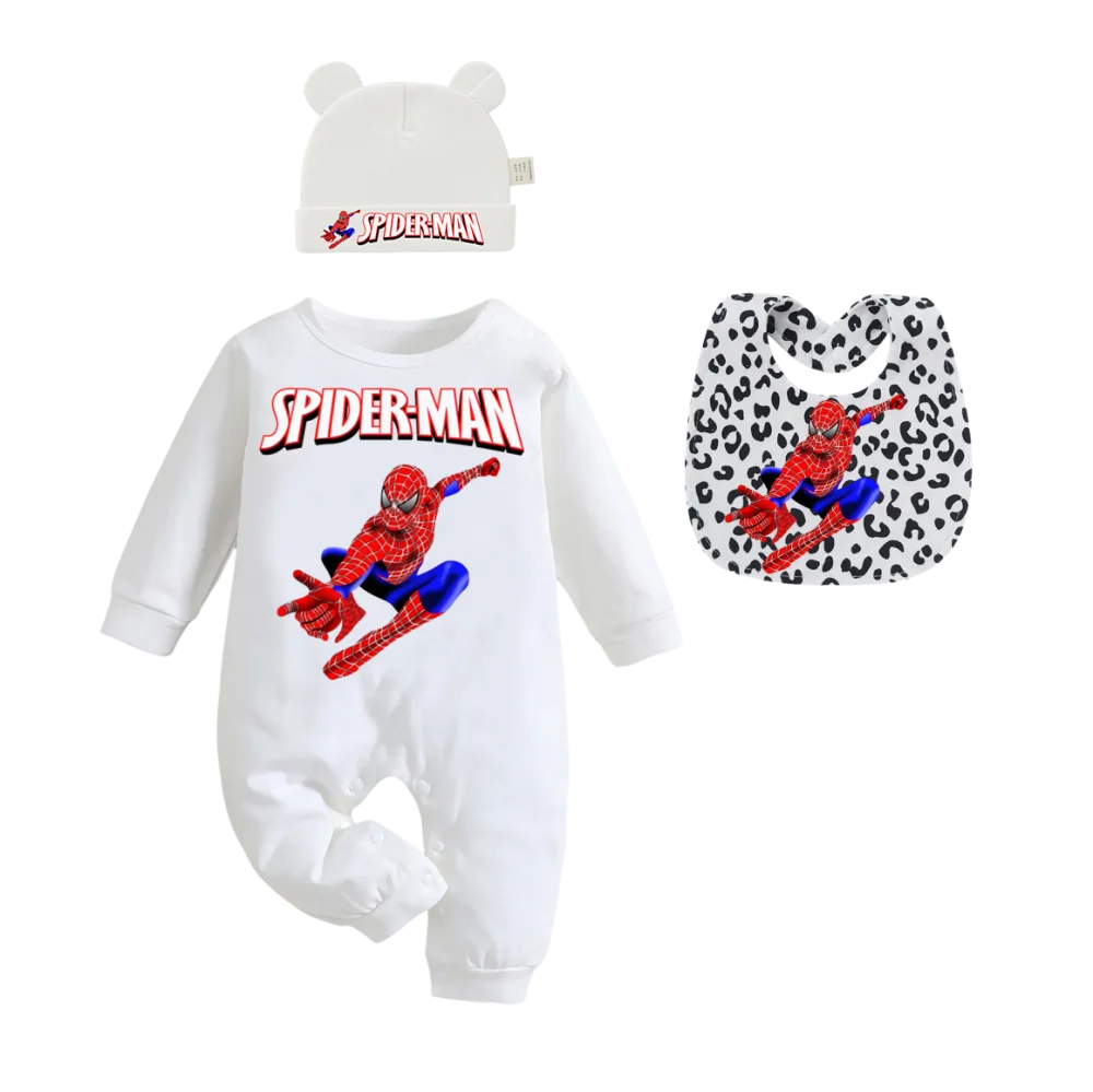 "COMBINAISON" 3 articles: Body imprimé pour bébé, bonnets et bavoirs, pour garçon et fille