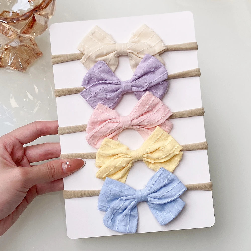 5Pcs/Set Cotton Linen Bows Headband for Girls Newborn Nylon Elastic Hair Bands Toddler Hairbands Headwear Baby Hair Accessories