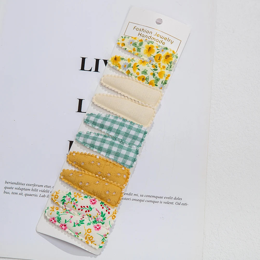 10Pcs/Lot Ins 6cm Flower Print Cotton Alloy Hair Bow Snap Clips Set Fabric Plaid Bobby Hairpins Hairgrips Girls Kids Headwear