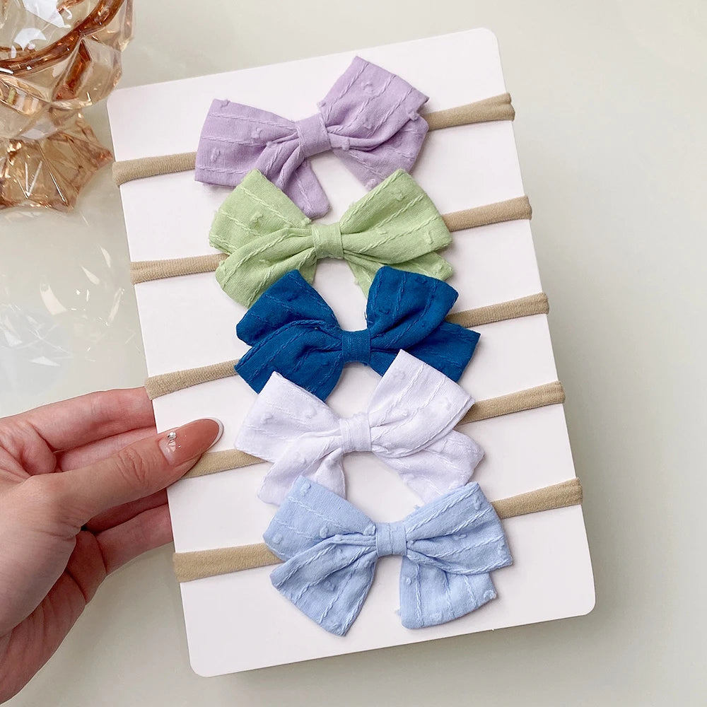 5Pcs/Set Cotton Linen Bows Headband for Girls Newborn Nylon Elastic Hair Bands Toddler Hairbands Headwear Baby Hair Accessories