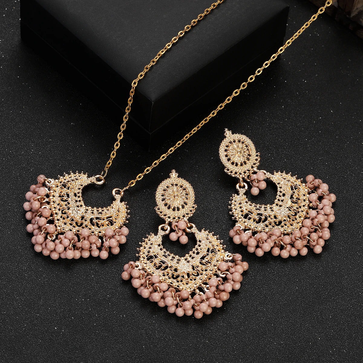 "BIJOUX" Parure de bijoux, style rétro, plaquée or, avec perles, boucles d'oreilles et collier