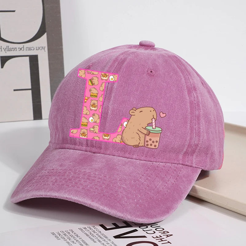 Capibara Baseball Cap for Women New Cute Capybara Letter A-Z Sun Hat Outdoor Sport Travel Sunbonnet Adult Fashion Headgear Gift