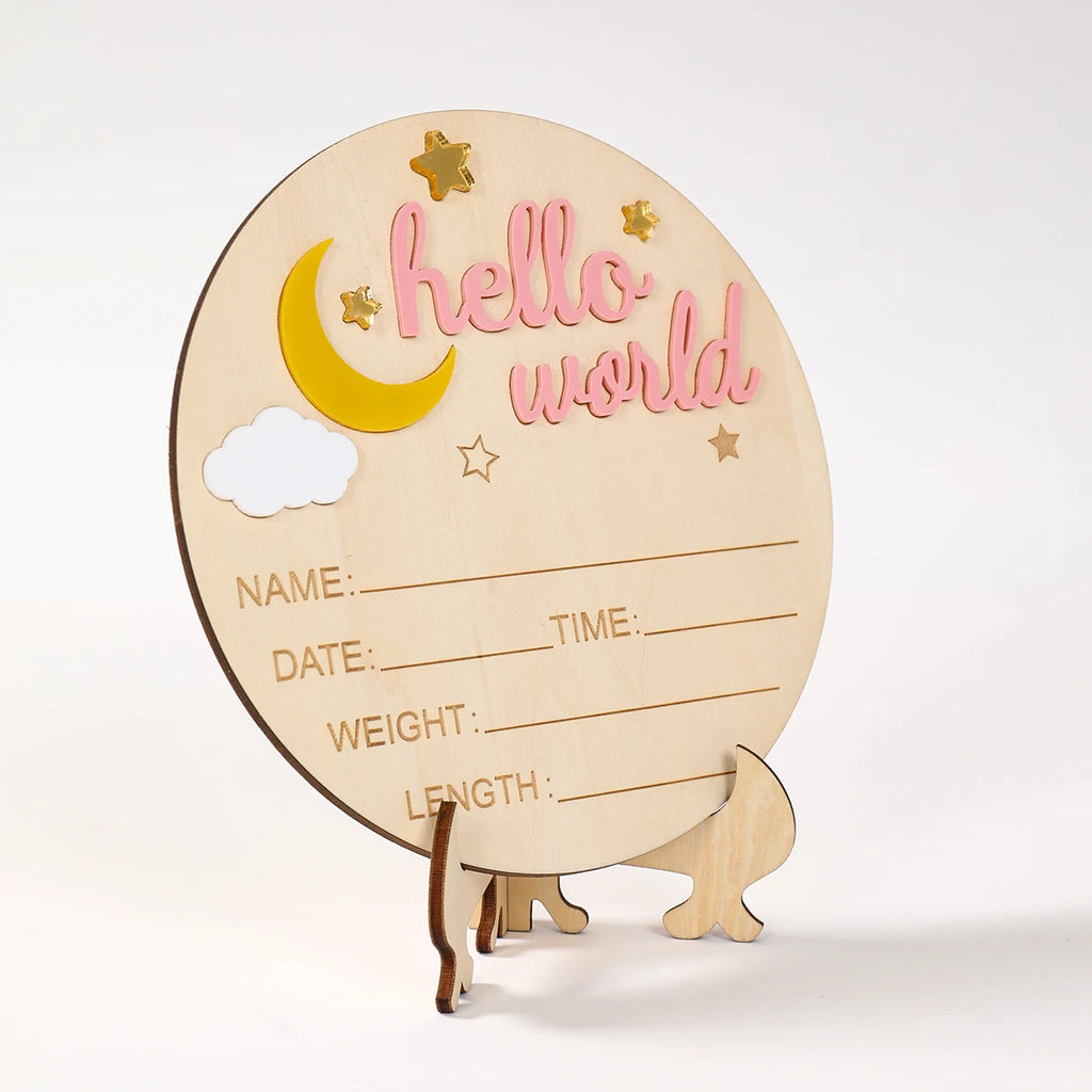 1pc Newborn Announcement Sign Hello World Newborn Welcome Sign New Baby Announcement Wooden Plaque Sign Newborn Welcome Card