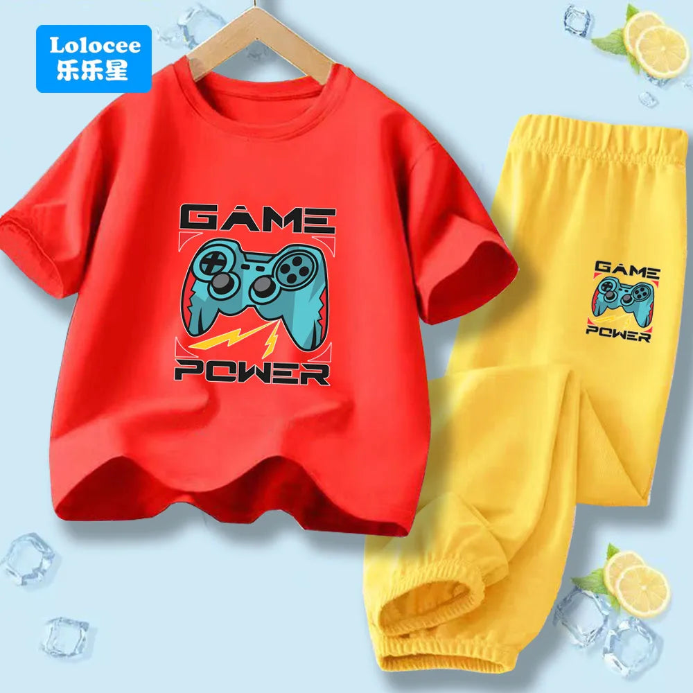 "VETEMENTS" Ensemble 2 pièces pour enfants style gamer "manette de jeu" : t-shirt à manches courtes et pantalon