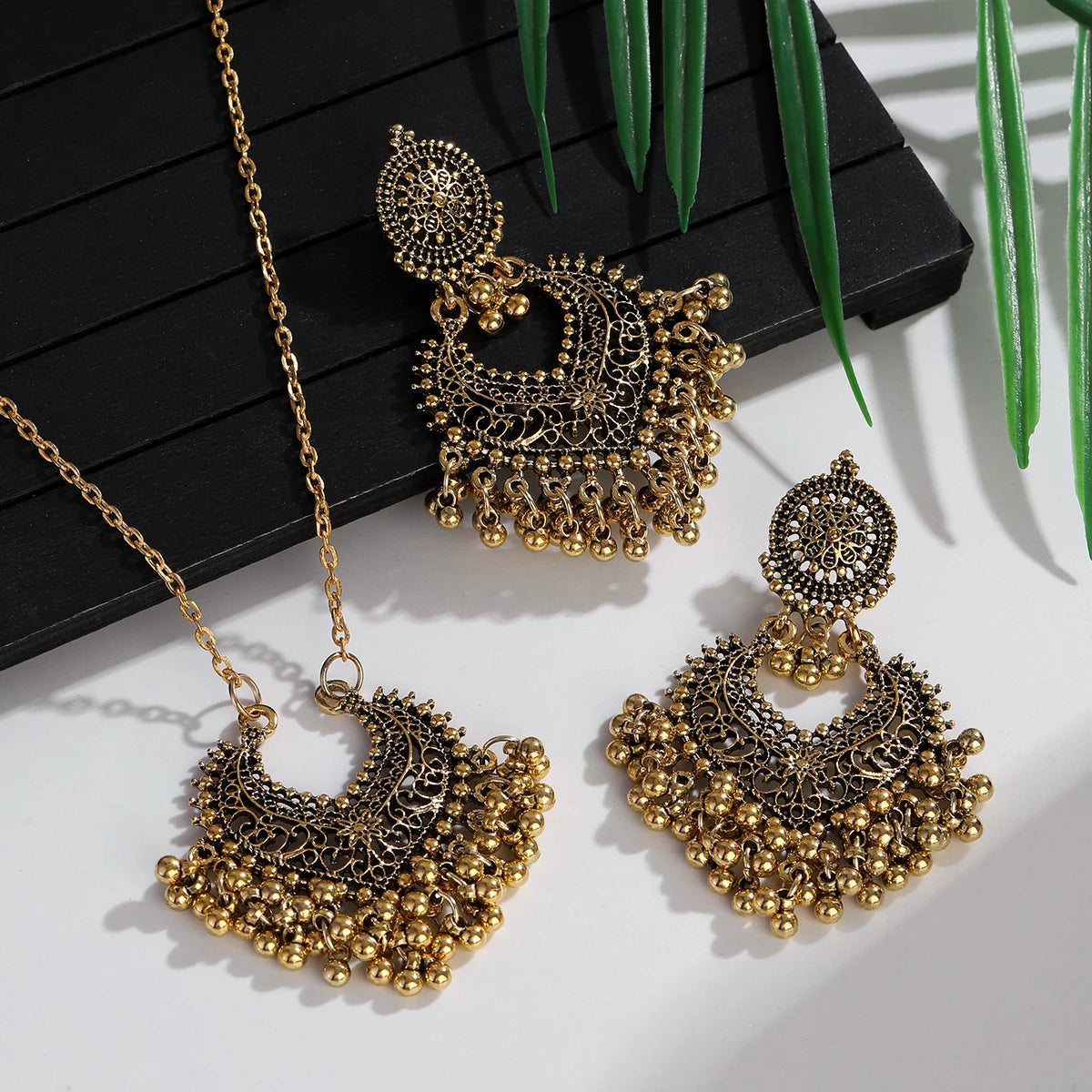 "BIJOUX" Parure de bijoux, style rétro, plaquée or, avec perles, boucles d'oreilles et collier