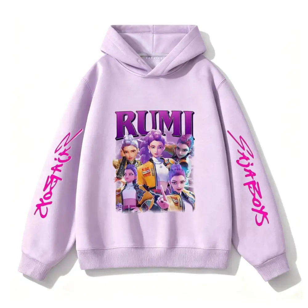 Purple Hooded Tops Fashion Casual Clothes Kids New Design Hoodies Kpop Demon Hunters Girls Group Clothing Toddler Autumn Wear