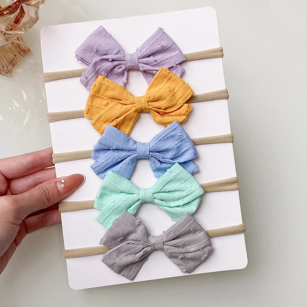5Pcs/Set Cotton Linen Bows Headband for Girls Newborn Nylon Elastic Hair Bands Toddler Hairbands Headwear Baby Hair Accessories