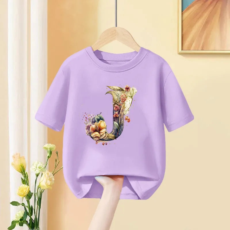 Girls T-Shirt 26 English Letter A B C D Children Fashion Flower T Shirt Kids  Custom Name Letter Summer Purple Clothes