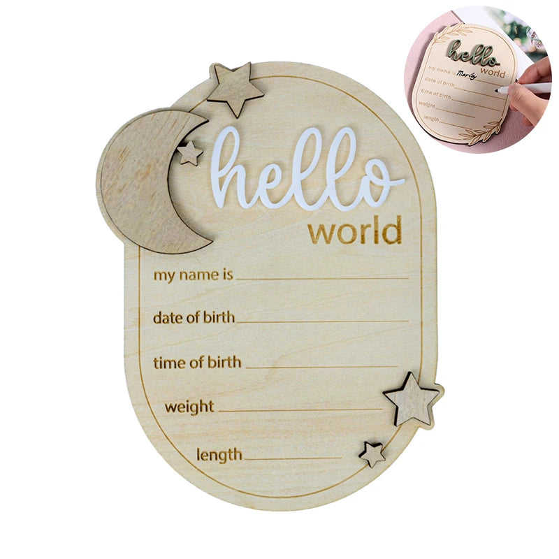 Baby Announcement Sign, 5.91x4.13 Inch Wooden Newborn Announcement Sign Hello World Newborn Sign