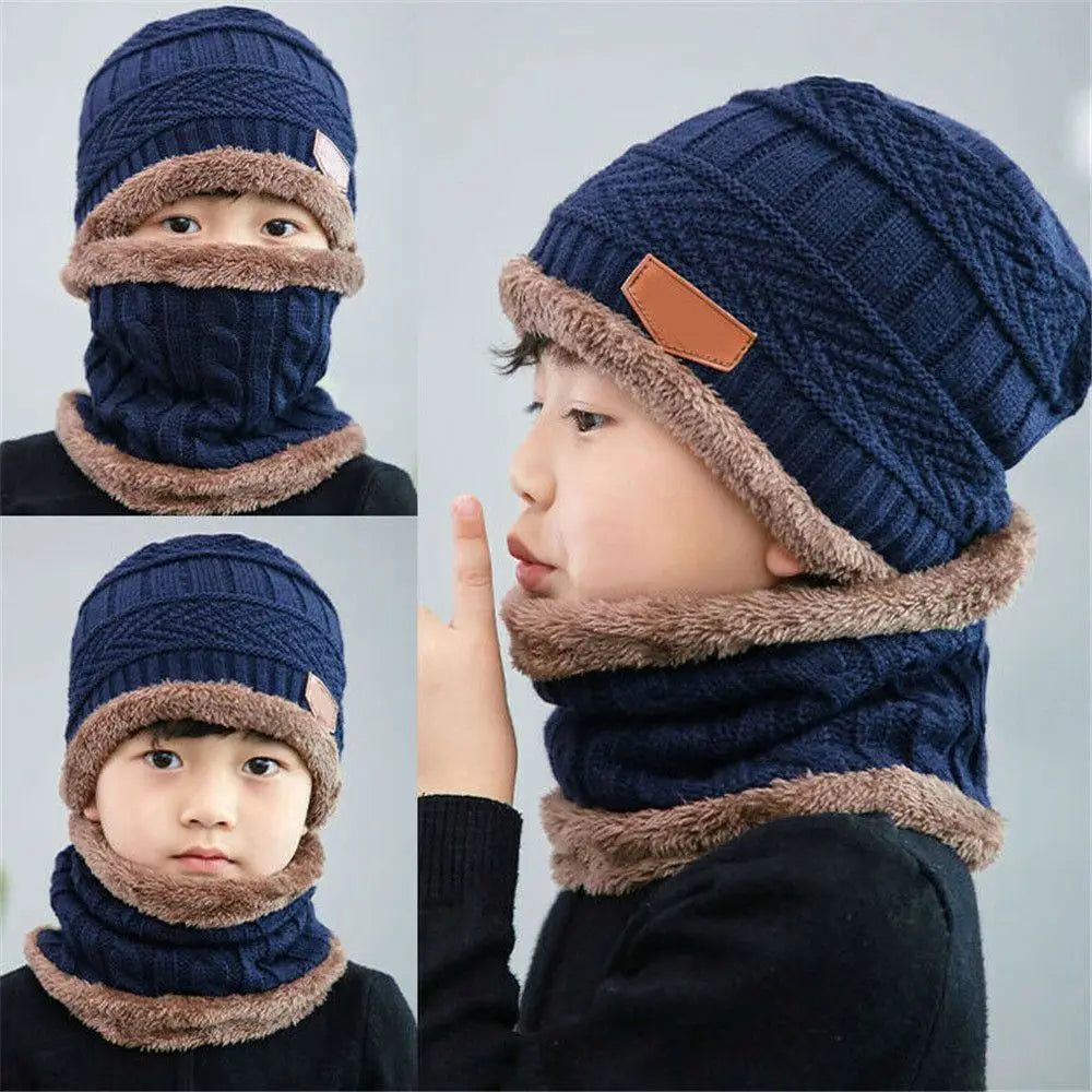 Kids Beanie Warm Hat Scarf Set Neck Cover Winter Fleece Knitted Thick Ski Cap