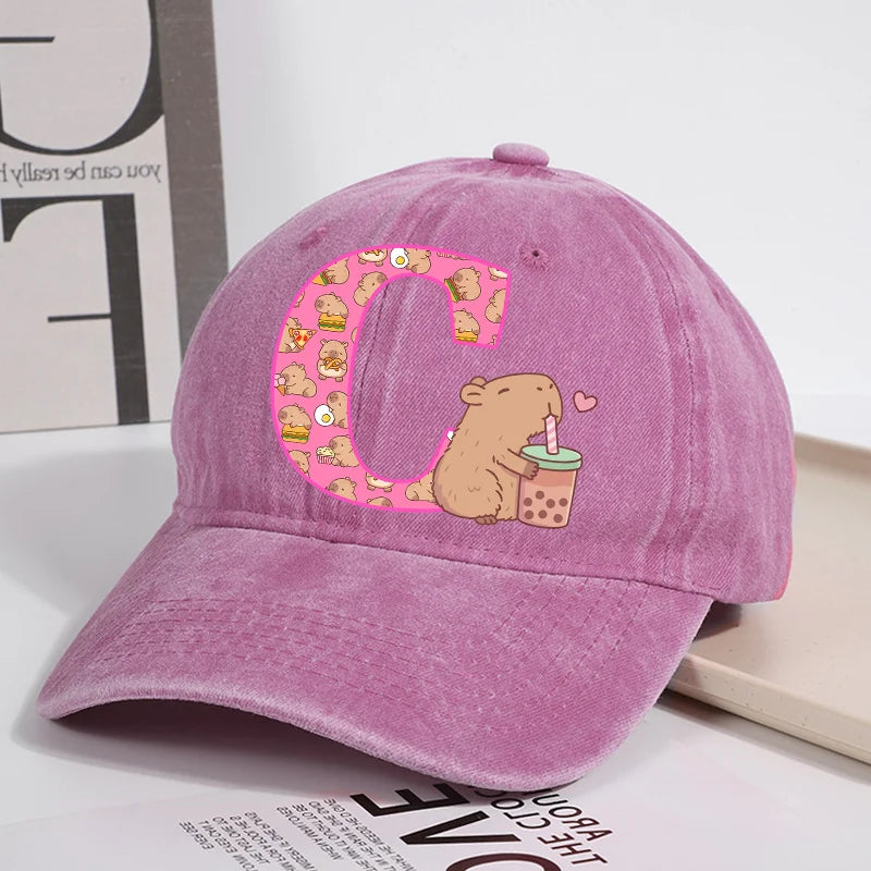 Capibara Baseball Cap for Women New Cute Capybara Letter A-Z Sun Hat Outdoor Sport Travel Sunbonnet Adult Fashion Headgear Gift