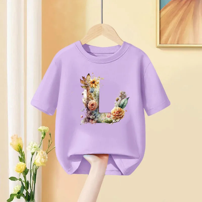 Girls T-Shirt 26 English Letter A B C D Children Fashion Flower T Shirt Kids  Custom Name Letter Summer Purple Clothes