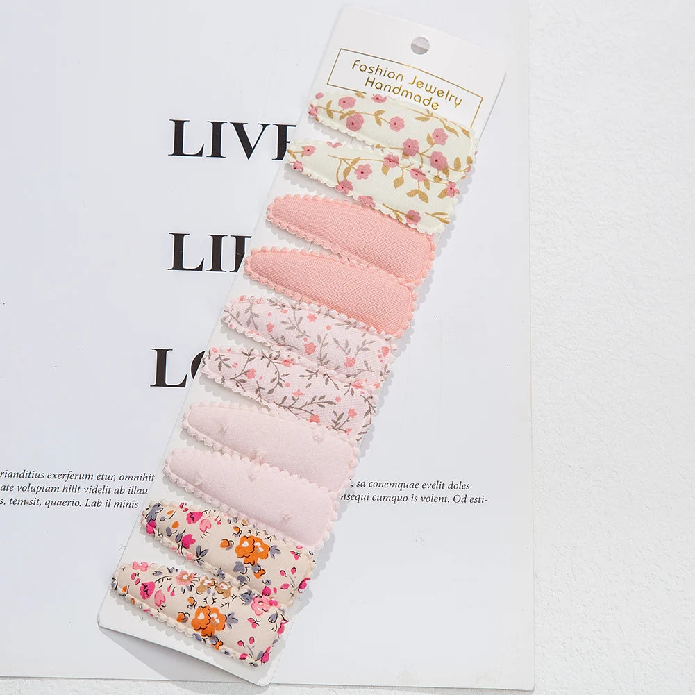 10Pcs/Lot Ins 6cm Flower Print Cotton Alloy Hair Bow Snap Clips Set Fabric Plaid Bobby Hairpins Hairgrips Girls Kids Headwear