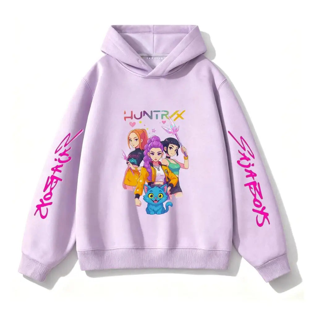 Purple Hooded Tops Fashion Casual Clothes Kids New Design Hoodies Kpop Demon Hunters Girls Group Clothing Toddler Autumn Wear