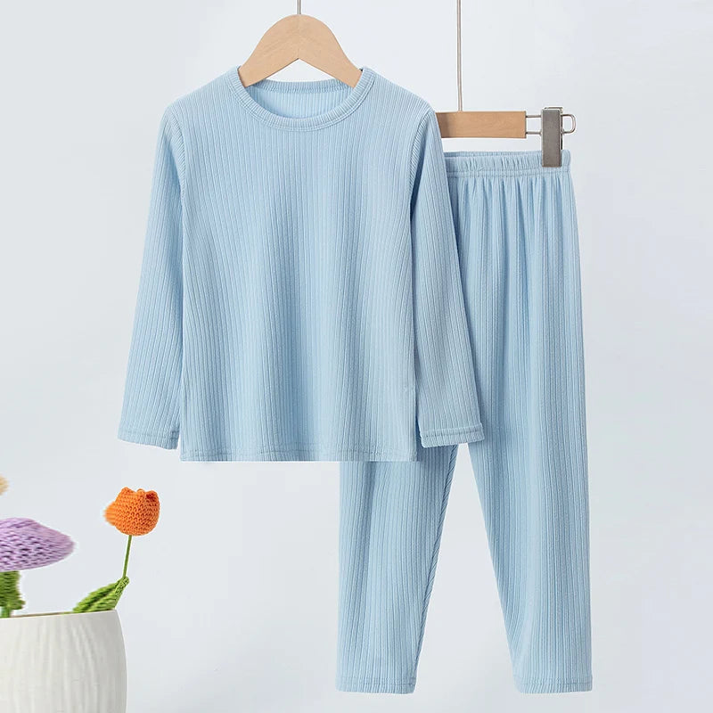 2-Piece Autumn/Winter Children's 5-color Pit Stripe Thermal Underwear Set Boys' Versatile Home Clothes Girls' Sweet Sleepwear