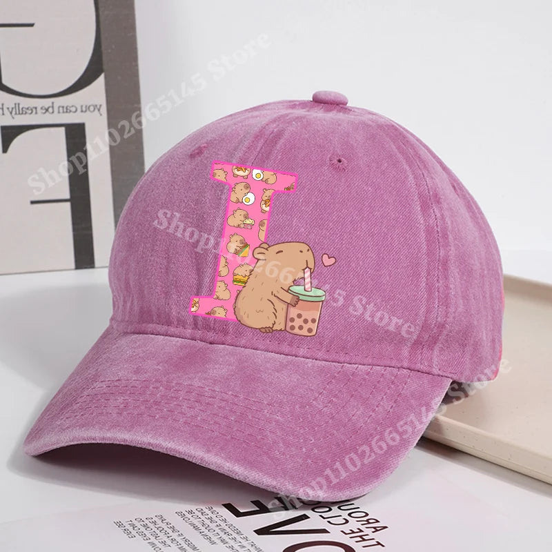 Capibara Baseball Cap for Women New Cute Capybara Letter A-Z Sun Hat Outdoor Sport Travel Sunbonnet Adult Fashion Headgear Gift
