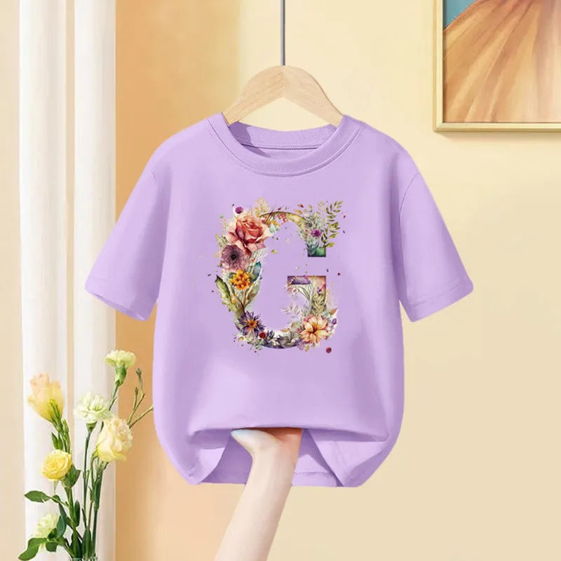 Girls T-Shirt 26 English Letter A B C D Children Fashion Flower T Shirt Kids  Custom Name Letter Summer Purple Clothes