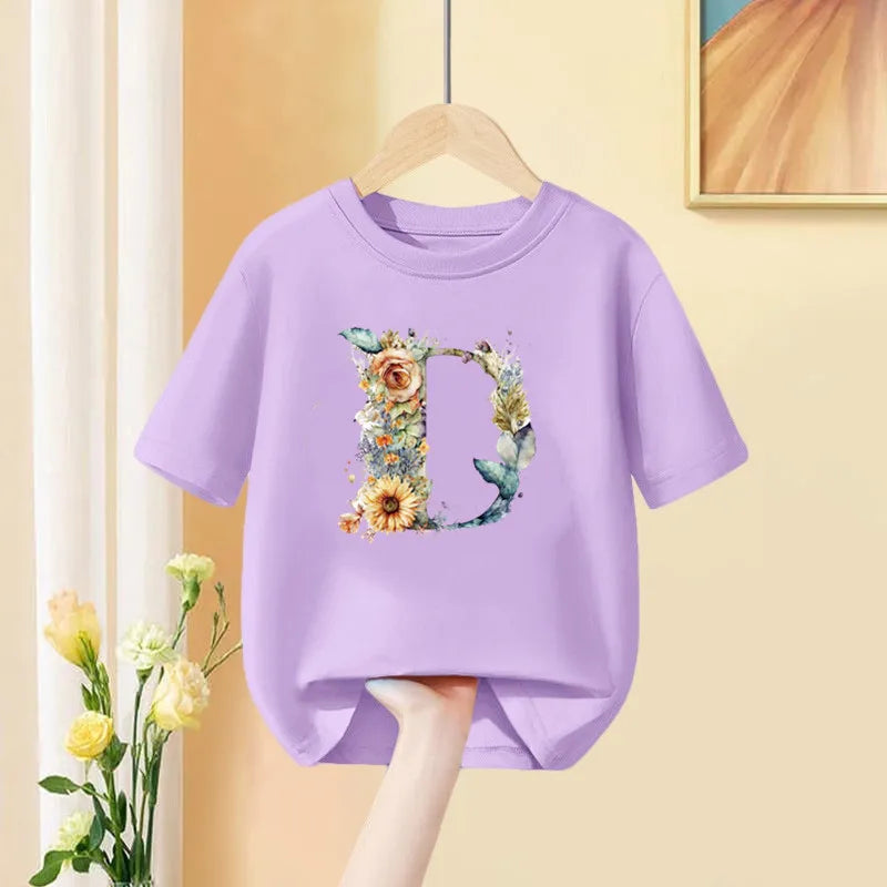 Girls T-Shirt 26 English Letter A B C D Children Fashion Flower T Shirt Kids  Custom Name Letter Summer Purple Clothes