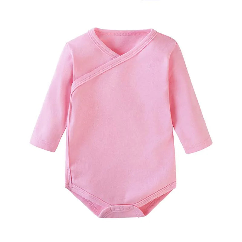 Newborn Baby Bodysuit 0 To 3 Months 100% Cotton Slanting Open Button Solid Color Long Sleeve Jumpsuits Baby Boy Girl Clothes