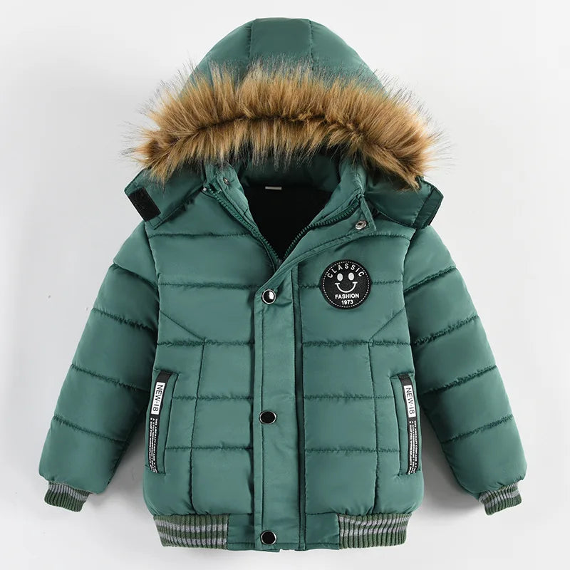 New Keep Warm Baby Coat Autumn Winter Boys Jacket  Hooded Zipper Fashion Fur Collar Boys Outerwear 2 3 4 5 6 Years Kids Clothes